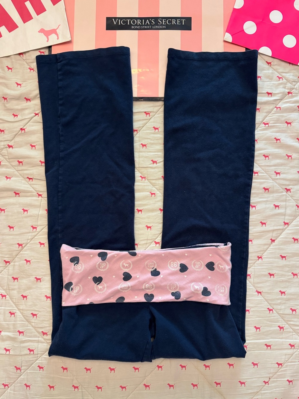 VS PINK VINTAGE Y2K FOLDOVER YOGA PANTS FLARE NAVY BLUE HEART LOVE DOG 86 RARE M